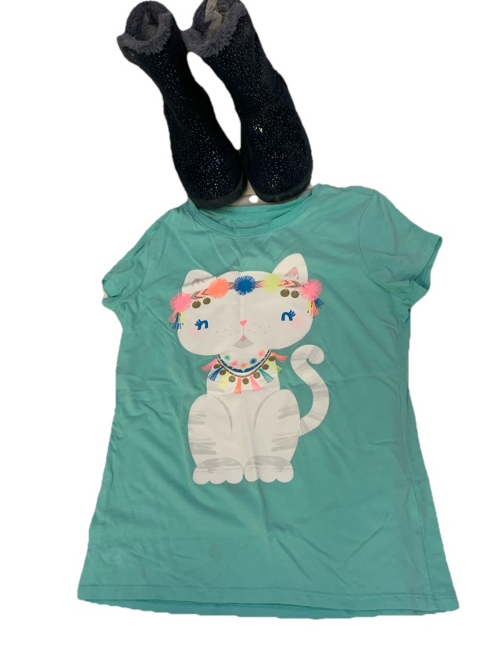 Girls Teal Cat Graphic Tee 7-8 & Blue faux suede fur boots 1M